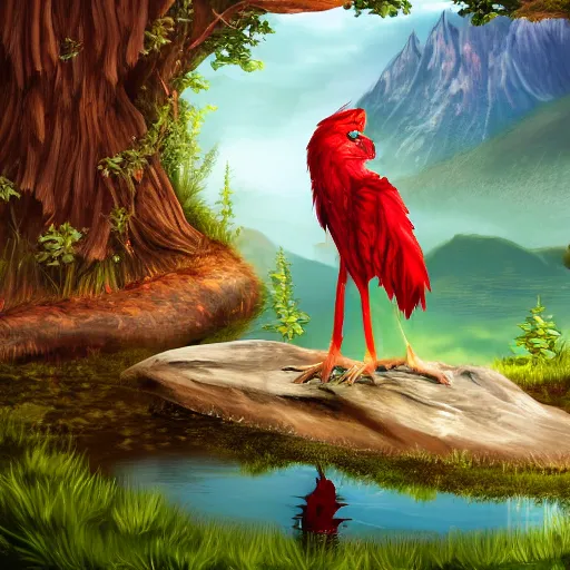 Prompt: prompt Young Harpy-Girl, red feathered wings, humanoid, sitting at a pond, mountainous area, trees in the background, digital art