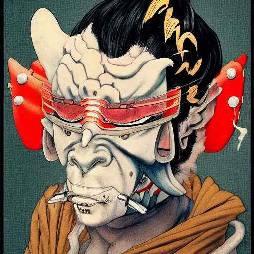 Prompt: a detailed portrait of a fashionable ancient japanese demon oni wearing a cyberpunk bosozoku outfit the style of william blake and norman rockwell, kubrick, muted color scheme, crisp, artstationhd