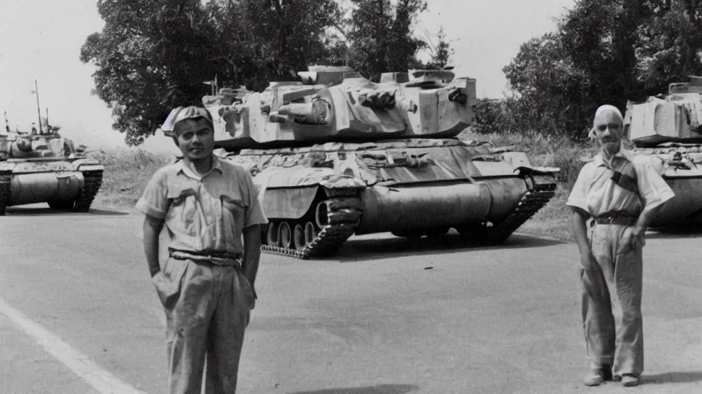 Image similar to old historic photograph of a person in white shirt, white holding grocery bags, standing on the road in front of four battle tanks approaching him