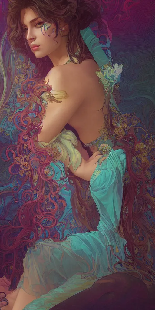 Image similar to beautiful, young woman, sad eyes, tears running down, vaporwave aesthetic, synthwave, colorful, psychedelic, long gown, ornate, intricate, digital painting, artstation, concept art, smooth, sharp focus, illustration, art by artgerm and greg rutkowski and alphonse mucha