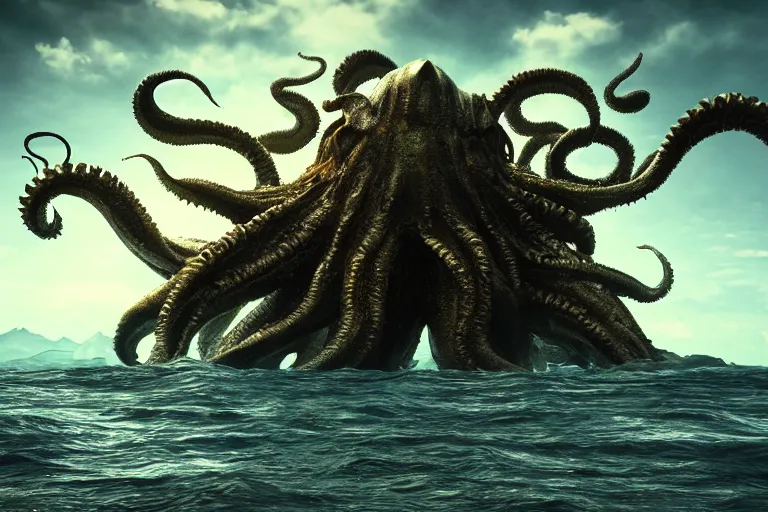 Image similar to giant Cthulhu, high definition, photorealistic, long shot, epic, horizon mountain over water