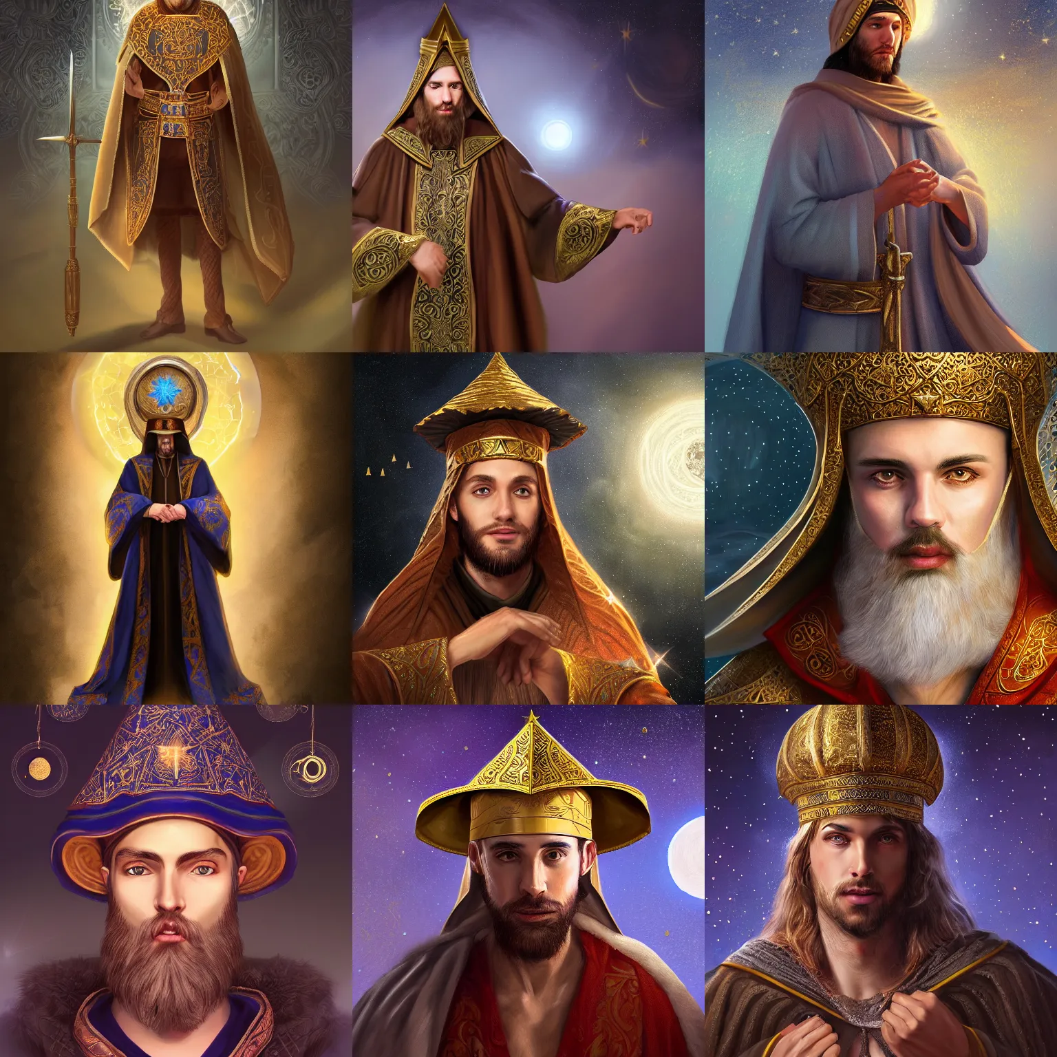 Prompt: adult wizard wearing a byzantine hat and a robe with star and moon pattern, handsome face, focus eyes, large star symbol, ultra realistic soft painting, full body, fantasy, intricate, elegant, highly detailed, digital painting, artstation, concept art, matte, illustration, 8 k