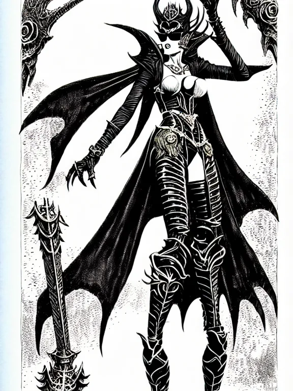 Prompt: bayonetta as a d & d monster, full body, pen - and - ink illustration, etching, by russ nicholson, david a trampier, larry elmore, 1 9 8 1, hq scan, intricate details, stylized border