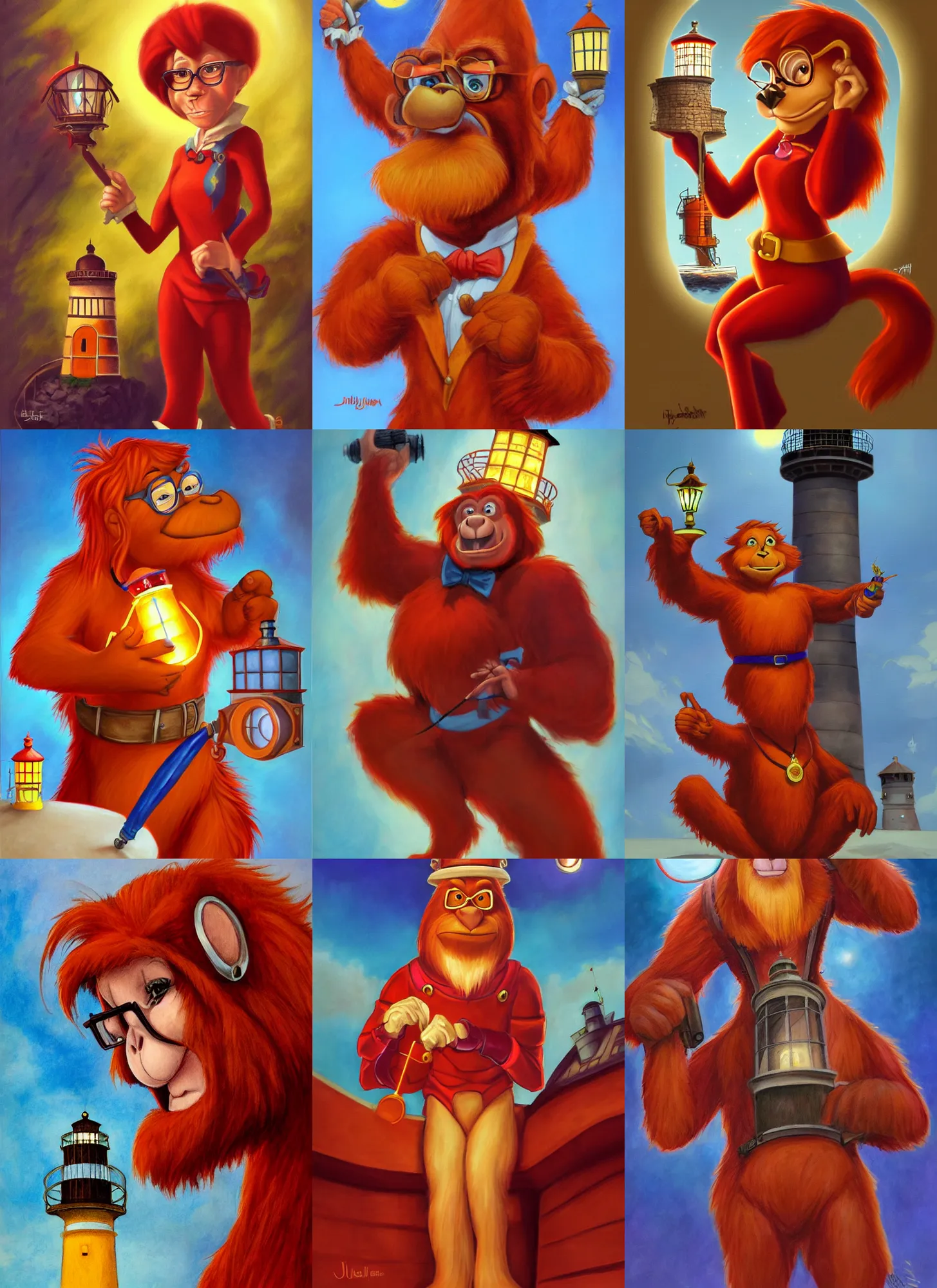 Prompt: portrait of red orangutan dressed as a librarian hold lighthouse as magic wand, disney cartoon style, talespin, artstation, by julie bell