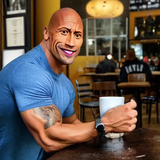 Image similar to Dwayne Johnson and Pepe the frog having coffee in a cafe, Dwayne Johnson, frog, hyperrealistic photograph, 8k,