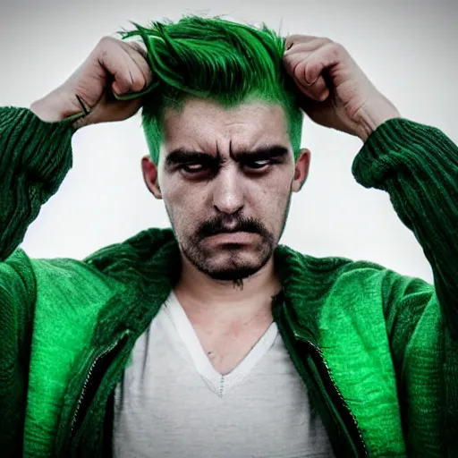 Image similar to a sad man with green hair