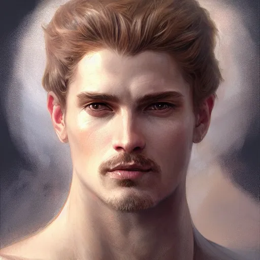 Image similar to up close portrait of a male angel, d & d, face, fantasy, intricate, elegant, highly detailed, digital painting, artstation, concept art, smooth, sharp focus, illustration, art by artgerm and greg rutkowski and alphonse mucha