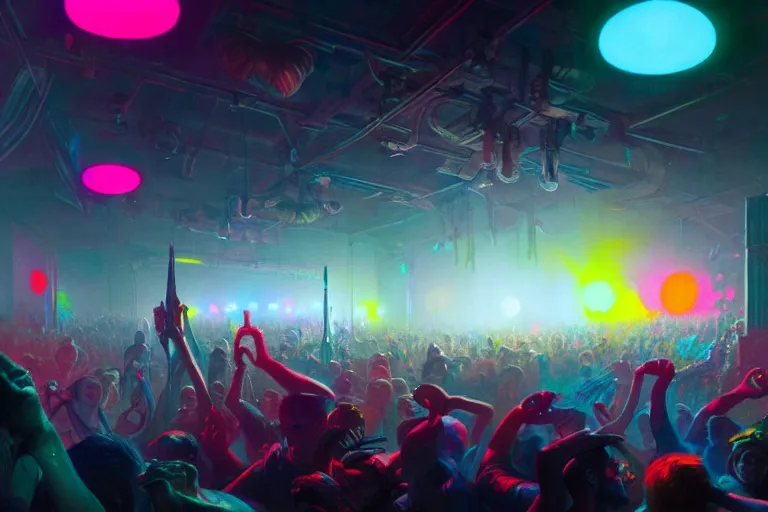 Prompt: scene from a rave, vibrant colours, beautiful, realistic, digital art, winning award masterpiece, cinematic lighting, trending on artstation, painting by otto dix and greg rutkowski, 8 k
