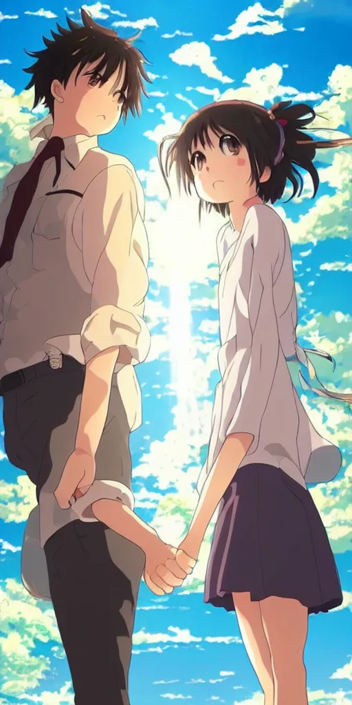 Image similar to a man and a woman holding hands under a beautiful sun drawn like the anime Your Name anime, intricate