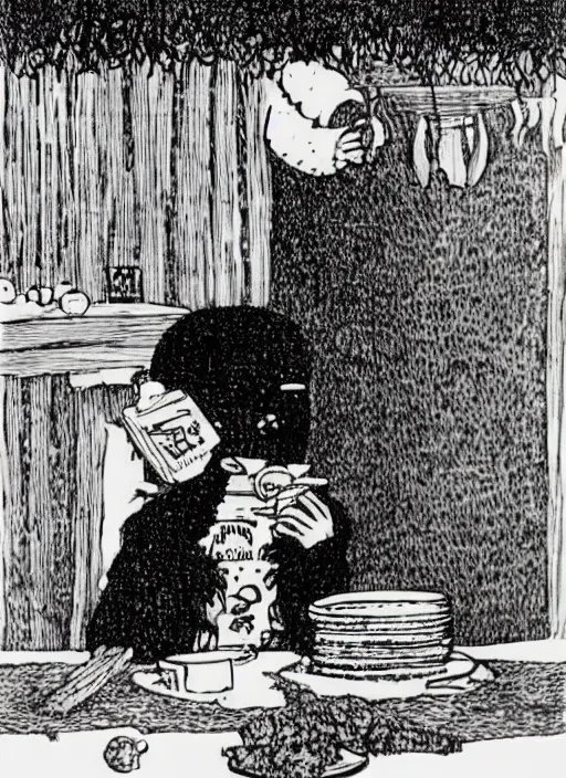 Image similar to child eating mcdonald's, by edward gorey