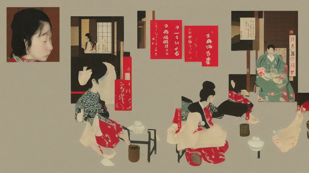 Image similar to a small tea ceremony, japan, a collage painting, in the style of wes anderson, lola dupre, david hockney, isolated on negative white space background dark monochrome neon spraypaint accents volumetric octane render