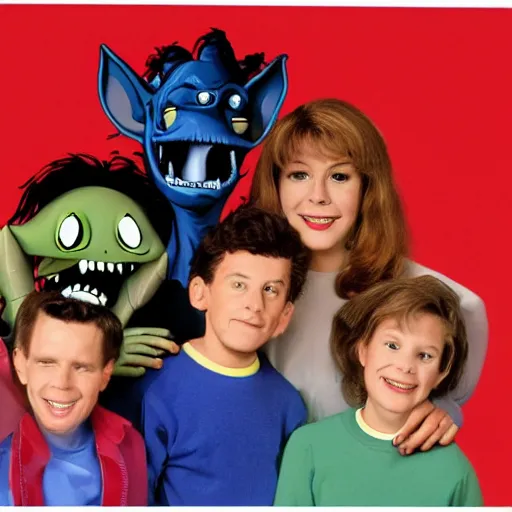 Prompt: tv show poster for 90's family sitcom with a xenomorph, style of Alf, 4k