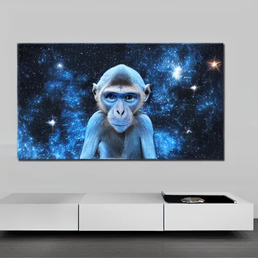 Prompt: wise blue monkey looking out over the universe, melancholy, oil on canvas, intricate, 8 k highly professionally detailed, hdr, cgsociety