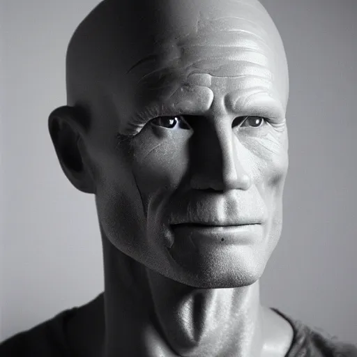 Image similar to A sculpted wax portrait, representing Ed Harris, studio lighting, F 1.4 Kodak Portra