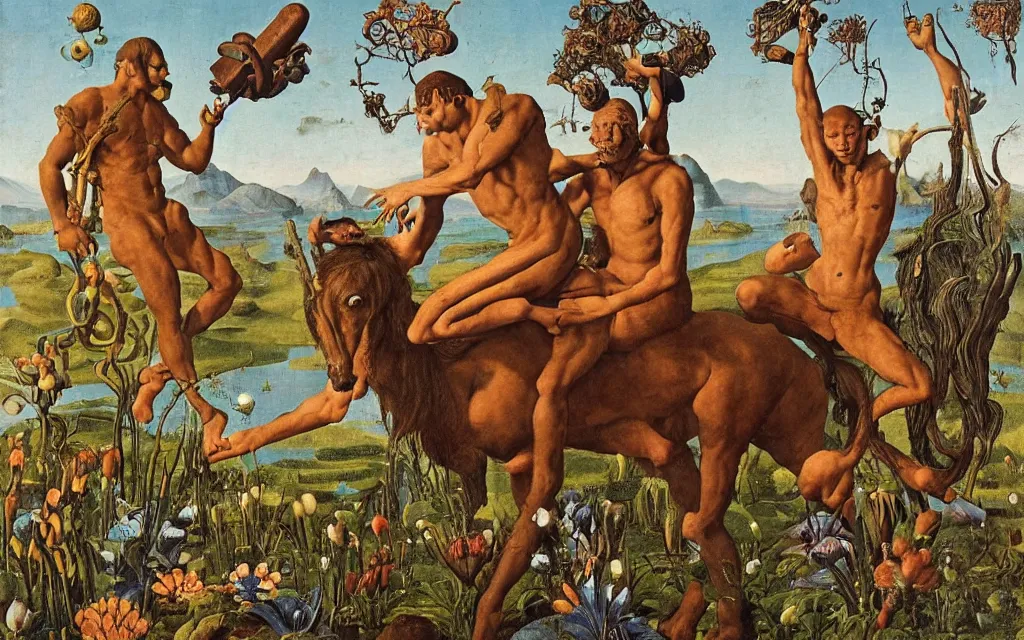 Image similar to a portrait photograph of a meditating satyr and a centaur monk riding a rocket machine and hunting at a river delta. surrounded by bulbous flowers and trees. mountain range under a blue sky of fiery stars. by jan van eyck, max ernst, ernst haeckel, ernst fuchs and artgerm, cgsociety, fashion editorial, 8 k