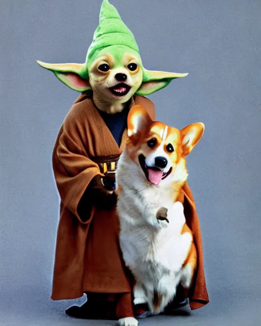 Image similar to baby yoda and his best friend corgi kenobi, a corgi dog dressed as obi wan kenobi in jedi robes, photographed in the style of gilbert taylor, star wars, tatooine