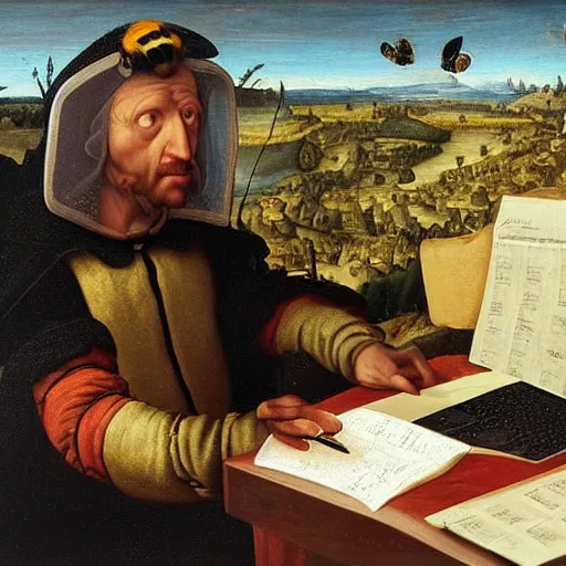 Image similar to tired man in a bumblebee costume drinks coffee in front of a laptop, highly detailed, masterpiece, renaissance, oil on canvas