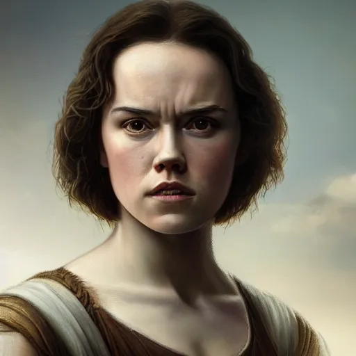 Image similar to a striking hyper real painting of Daisy Ridley by da Vinci