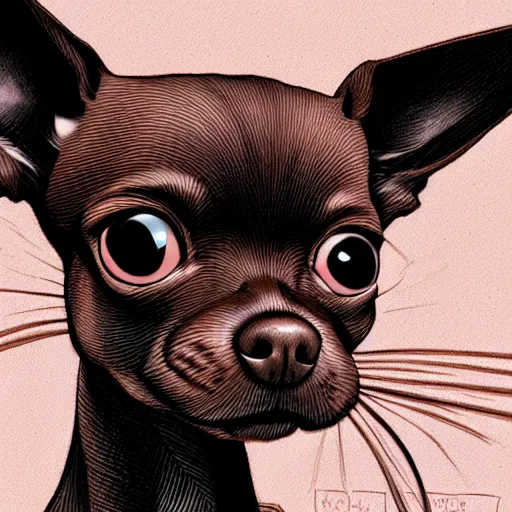 Image similar to a dark brown chihuahua, hyper detailed, in the style of junji ito, selfie angle