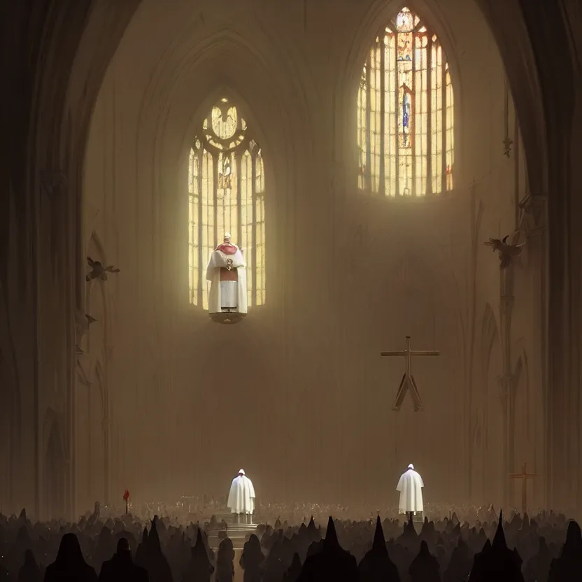 Image similar to pope standing in a curch, digital painting, greg rutkowski, artstation, cinematic, matte painting