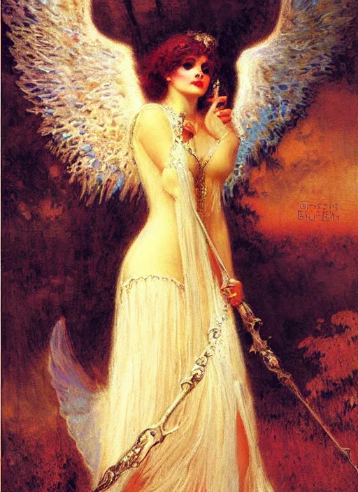 Image similar to vertical prtrait of an angel knight gothic girl, baroque dress. by gaston bussiere