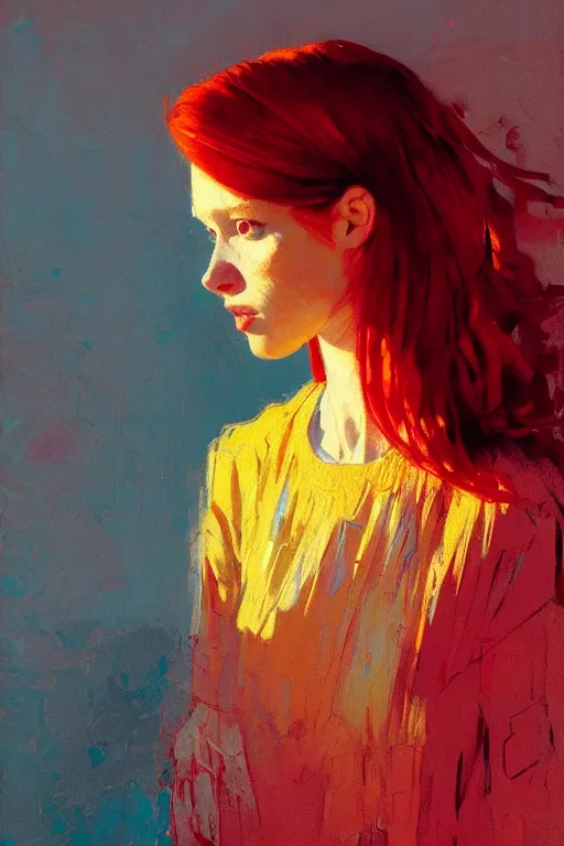 Image similar to portrait of a beautiful redhead girl, complementary colors, beautiful face, rule of thirds, intricate outfit, spotlight, by greg rutkowski, by jeremy mann, by francoise nielly, by van gogh, digital painting