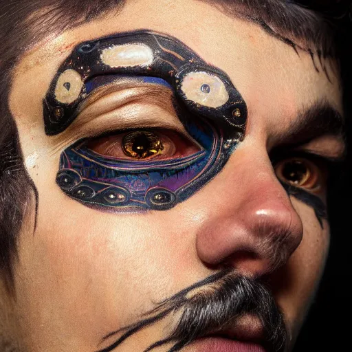 Image similar to an award finning closeup facial portrait by akseli kallen gallela luis royyo and john howe of a bohemian male cyberpunk traveller clothed in excessivelyg fashionable 8 0 s haute couture fashion and wearing ornate art nouveau body paint