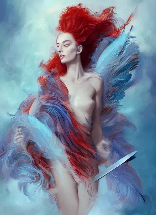 Image similar to a painting of a woman who made of curly and transparent feathers and cloud with red edges is holding a sword, a digital painting by charlie bowater, made of many translucent layers of blue feathers and cloud, metaphysical painting, speedpainting, digital painting, holographic undertones, highly saturated colors, 4 k, glossy eyes, concept art, trending on artstation