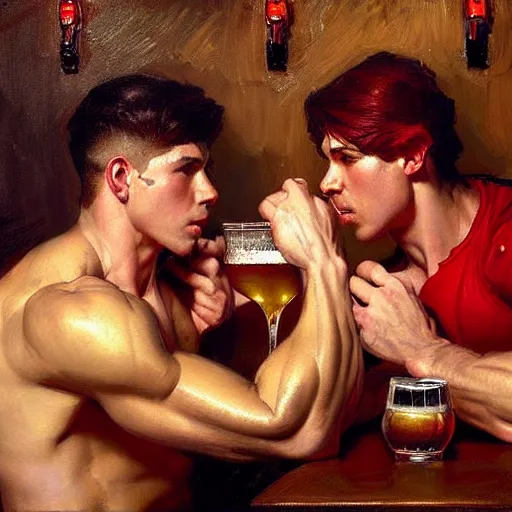 Image similar to attractive muscular male with red hair and muscular attractive male with black hair, drinking their hearts out, in a pub. very defined and highly detailed painting by j. c. leyendecker, gaston bussiere, craig mullins 8 k