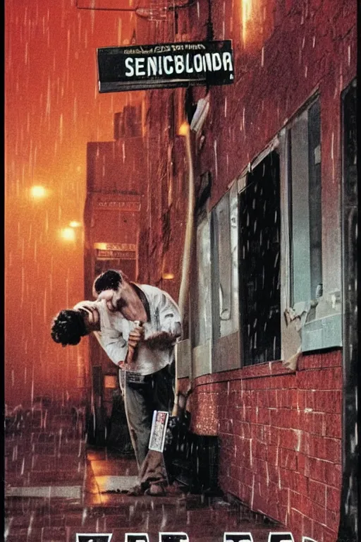 Image similar to a movie poster for a movie called senor featuring a junkie making a payphone call in a thunderstorm in queens at night in the 1 9 9 0 s, similar to the exorcist