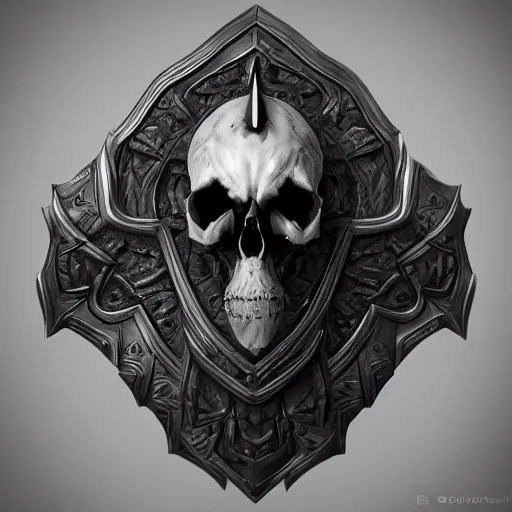 Image similar to a black long sword skull crest, orthographic, ornament, weapon, a 3 d render by dom qwek, trending on polycount, artstation, hard surface modeling, rendered in maya, 3 ds max, blender, hd, vray