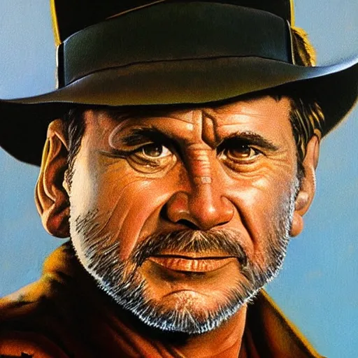 Image similar to bobcat goldthwait as indiana jones painting by frank frazetta, highly detailed, high quality, 8 k, realistic face, path traced