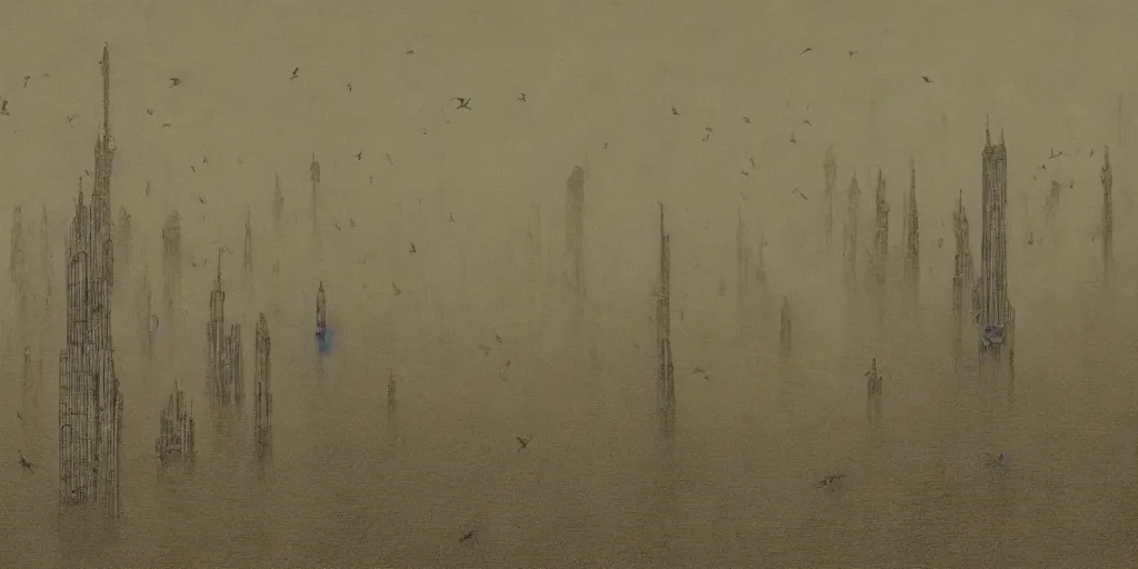 Image similar to many small birds, shining light, rays of light, by beksinski, shining light, high clouds, towers, Award winning, pencil drawing, masterpiece, detailed illustration