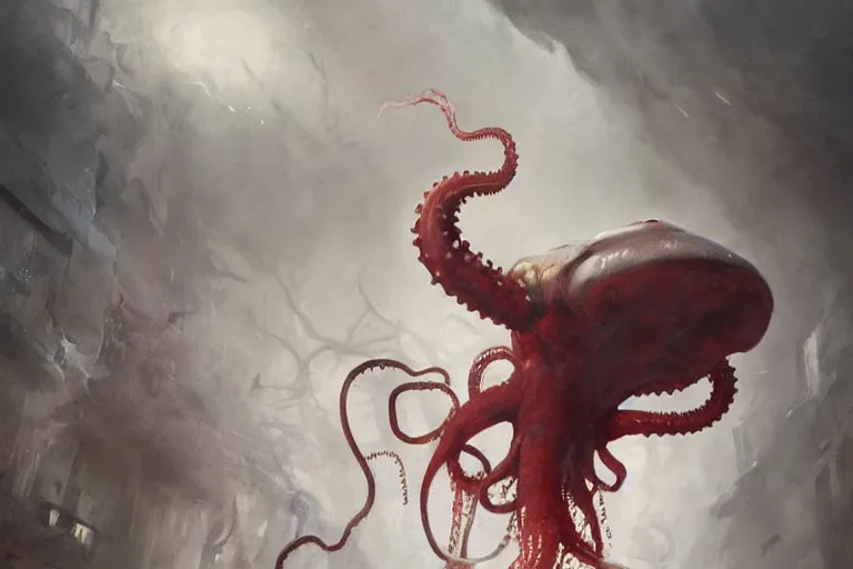 Prompt: painting by greg rutkowski of a flying chalk white head and face, with tentacles coming of the neck, red eyes, flying in a terrying hell like cavernous place