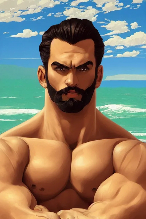 Image similar to gigachad bodybuilder luigi at the ocean by ilya kuvshinov, ernest khalimov body, super mario bros symmetrical face concept art, hyper realistic, intricate, elegent, highly detailed, digital painting, concept art, smooth, sharp, focus, illustration, art by artgerm and greg rutkowski and alphonse mucha, artstation