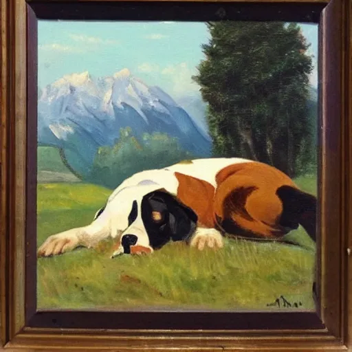 Prompt: A greater swiss mountain dog sleeps watching over its farm, oil painting, mid century