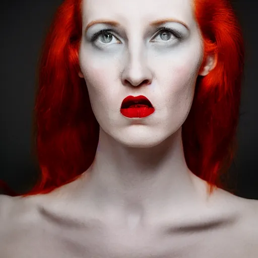 Prompt: a color photo portrait of a slender woman with red hair and a severe expression, sharp and narrow and crooked nose in the style of richard avedon, 7 5 mm lens, studio lighting.