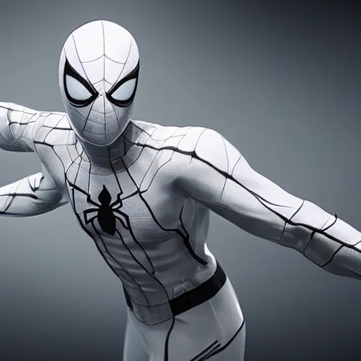 Image similar to white spider - man suit with black web lining, cinematic, volumetric lighting, realistic, hyperdetailed, photorealistic, photograph