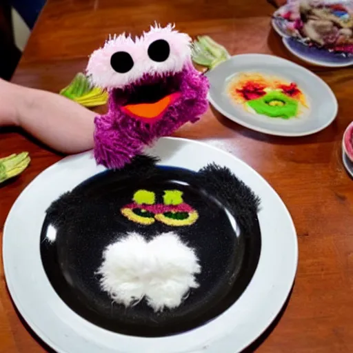 Image similar to person eating a muppet on a dinner plate