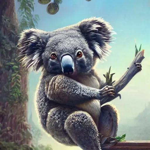 Image similar to Koala eating tacos, highly detailed, fantasy art, in the style of greg rutkowski, illustration, epic, fantasy, intricate, hyper detailed, artstation, concept art, smooth, sharp focus, ray tracing