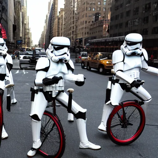 Image similar to several stormtroopers riding unicycles on Park Ave in New York City, 4k photography