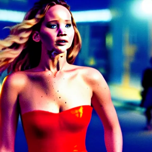 Image similar to cinematic jennifer lawrence standing in the street at night, color photography, sharp detail, confused, still from the movie speed racer