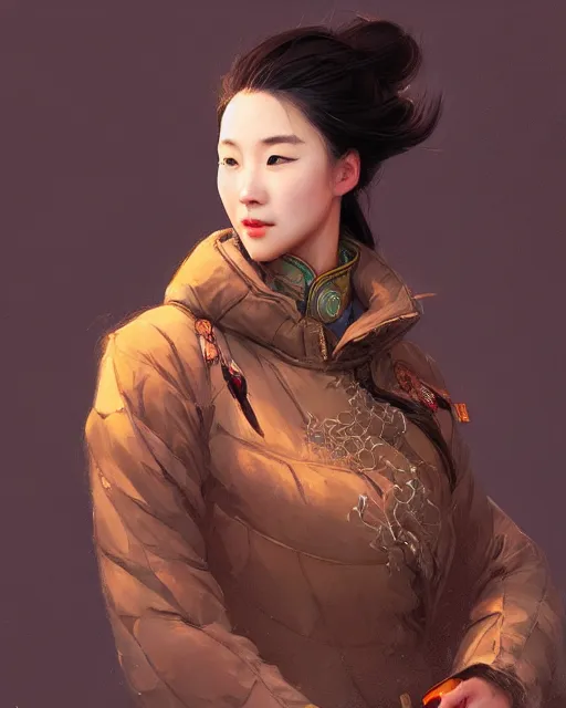 Image similar to a beautiful chinese woman in down jacket ， a goose ， winer ， wenjun lin intricate, elegant, highly detailed, digital painting, artstation, concept art, matte, sharp focus, illustration, hearthstone, art by artgerm and greg rutkowski and alphonse mucha