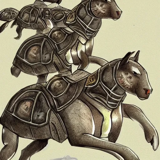 Prompt: an army of cats riding into battle on horses wearing turtle shell armor, concept art