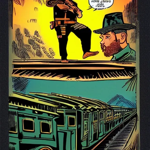 Prompt: bearded bandito with pancho and sombrero standing on top of a train at sunset, dave gibbons