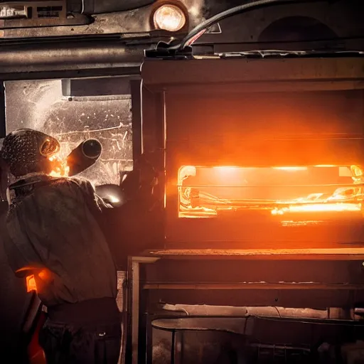 Image similar to cyborg toaster oven repairman, dark messy smoke - filled cluttered workshop, dark, dramatic lighting, orange tint, sparks, plasma rays, cinematic, highly detailed, sci - fi, futuristic, movie still