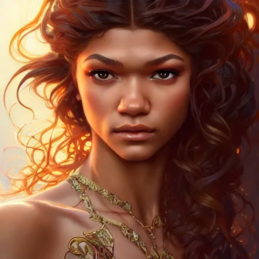 Prompt: beautiful zendaya, closeup, D&D, fantasy, intricate, elegant, highly detailed, digital painting, artstation, concept art, matte, sharp focus, illustration, art by Artgerm and Greg Rutkowski and Alphonse Mucha