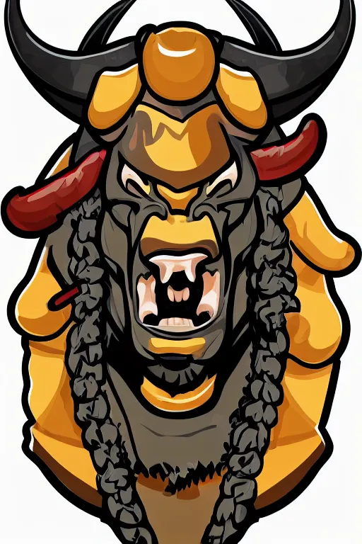 Image similar to A portrait of a bull as evil warlord general, sticker, Anthropomorphized, portrait, highly detailed, colorful, illustration, smooth and clean vector curves, no jagged lines, vector art, smooth