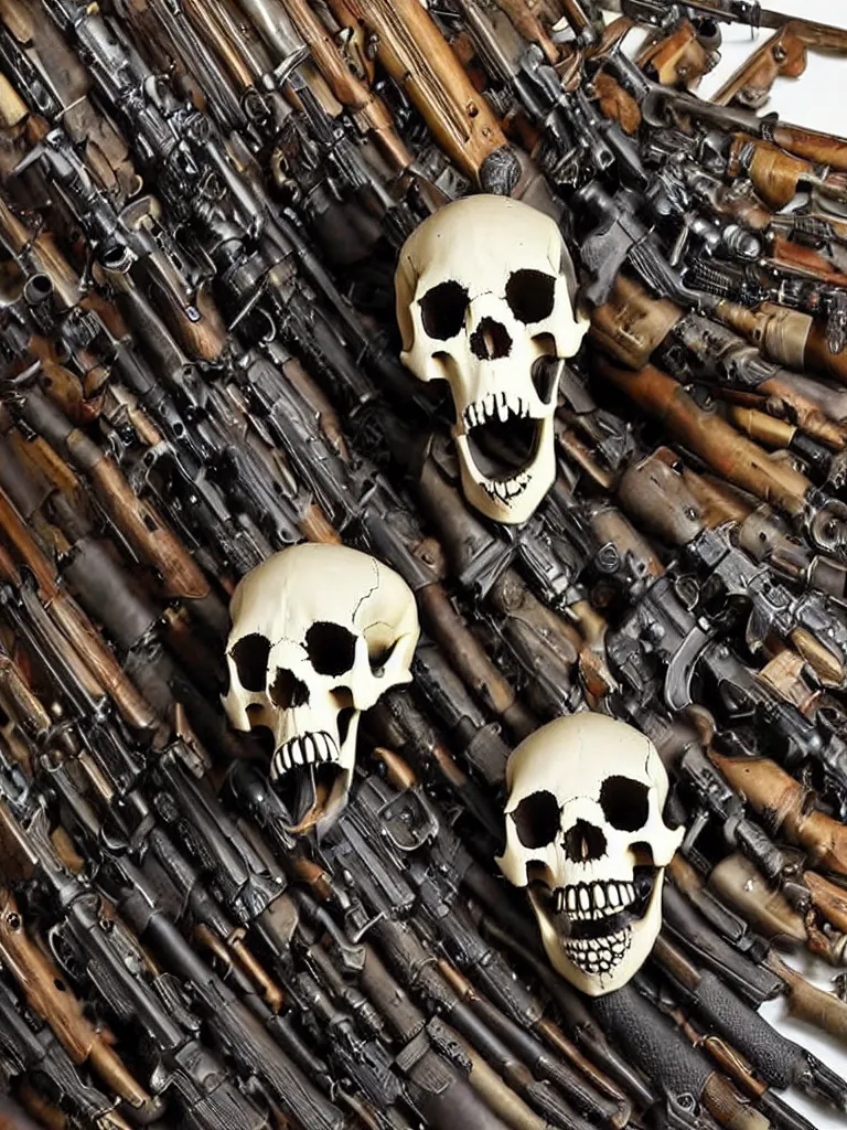 Prompt: animal skull made of rifles, skull made of revolvers, ultra-realistic, intricate details photograph