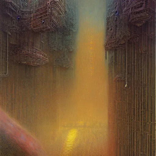 Image similar to cyberpunk dreaming in a a gigeresque world by jean delville by luis royo and wayne barlowe, beksinski